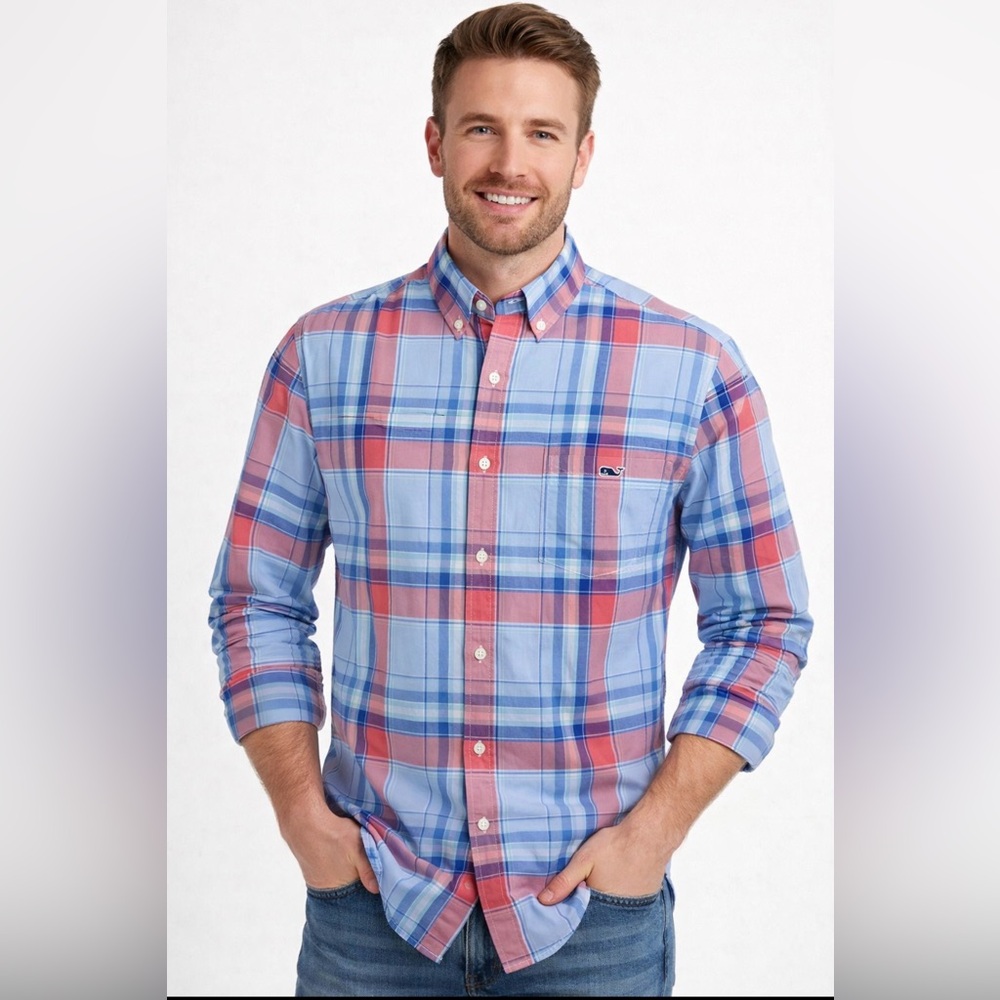 Vineyard Vines Shirt Mens Small Multicolor Plaid‎ Long Sleeve Button Down Tucker